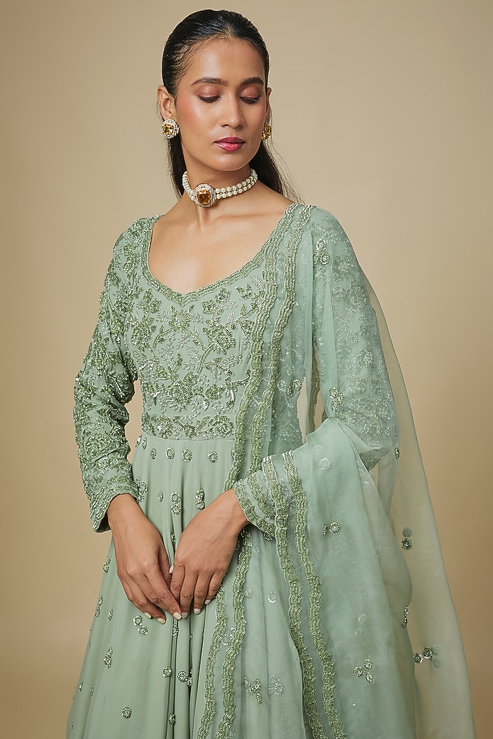 Sea Green Georgette Embellished Bridal Anarkali Set by Malasa at Pernia's Pop Up Shop