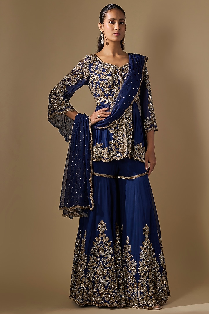Blue Georgette Bridal Sharara Set by Malasa at Pernia's Pop Up Shop