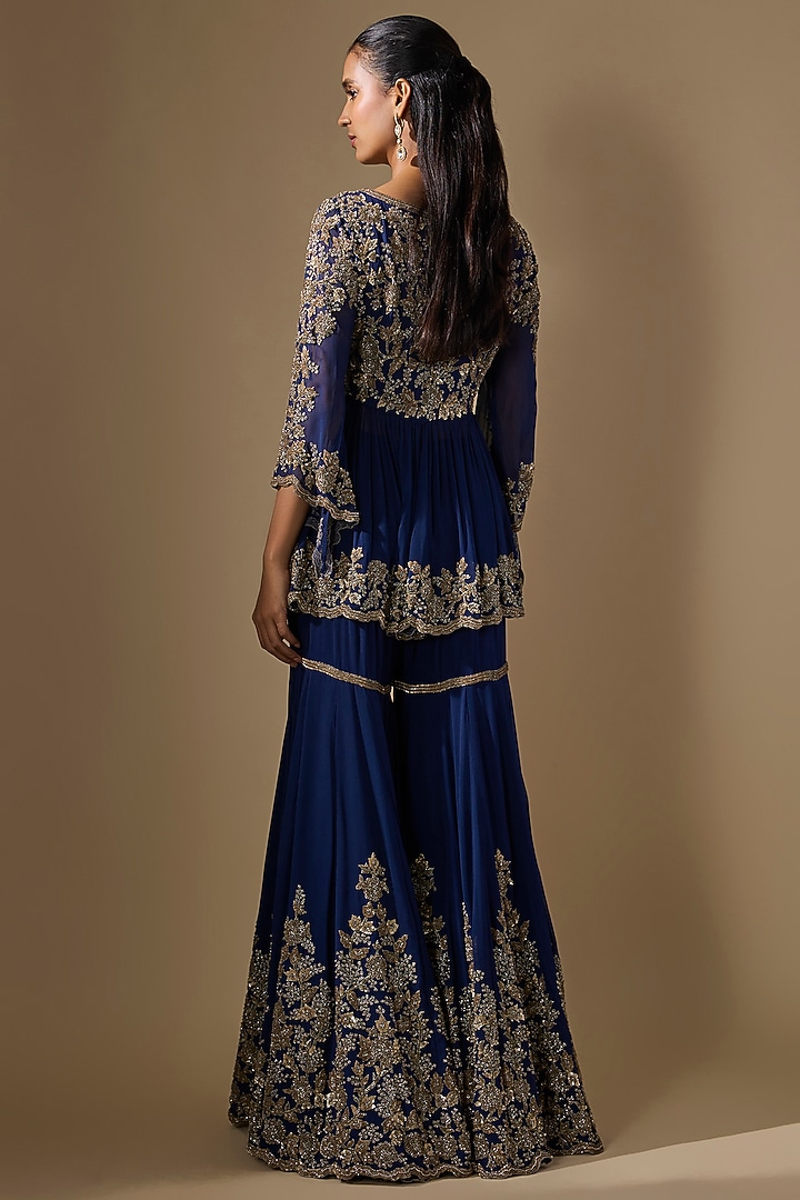Blue Georgette Bridal Sharara Set by Malasa at Pernia's Pop Up Shop