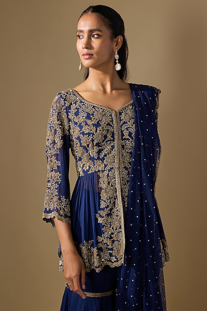 Blue Georgette Bridal Sharara Set by Malasa at Pernia's Pop Up Shop