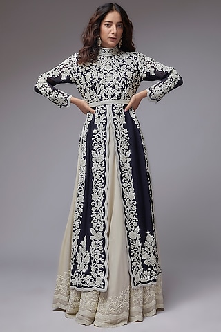 Blue Georgette Thread Embroidered Jacket Set by Malasa