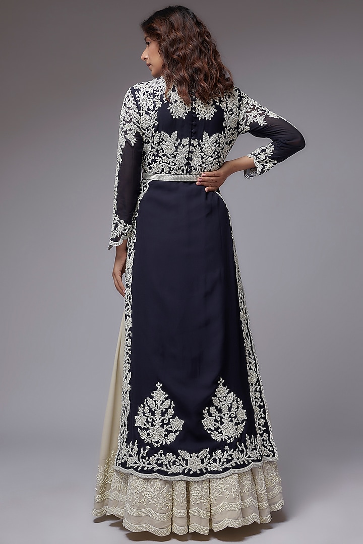 Blue Georgette Thread Embroidered Jacket Set by Malasa at Pernia's Pop Up Shop