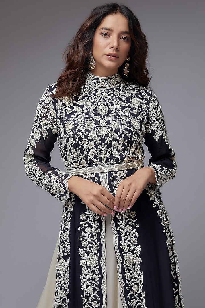 Blue Georgette Thread Embroidered Jacket Set by Malasa at Pernia's Pop Up Shop