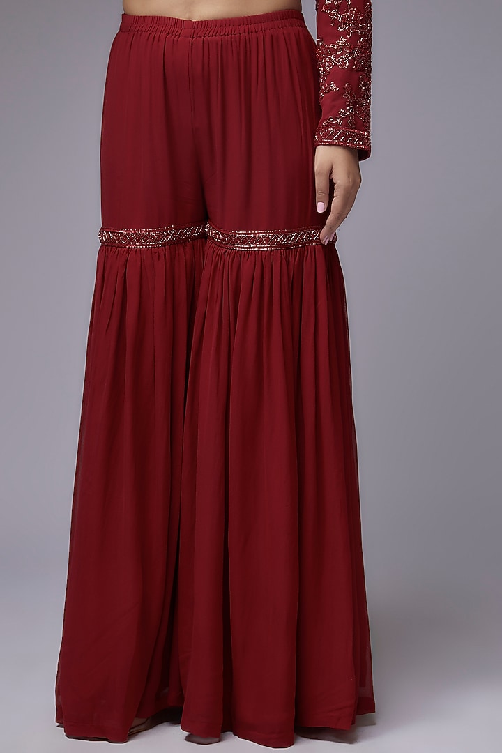 Red Georgette Wedding Sharara Set by Malasa at Pernia's Pop Up Shop