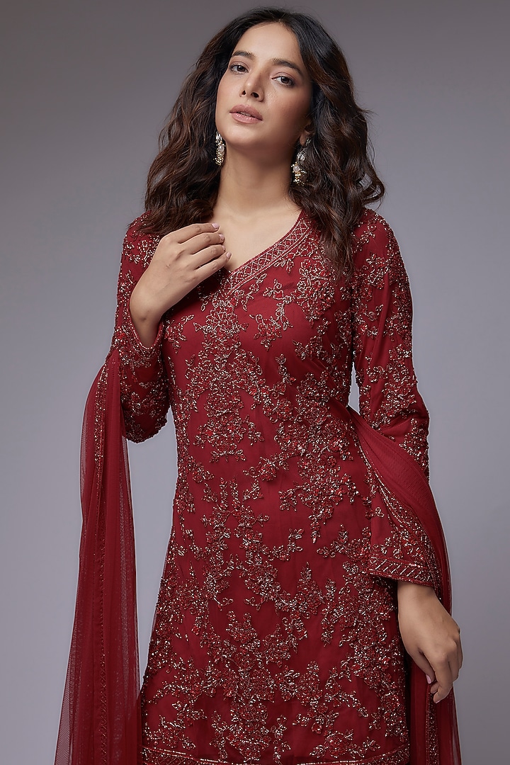 Red Georgette Wedding Sharara Set by Malasa at Pernia's Pop Up Shop