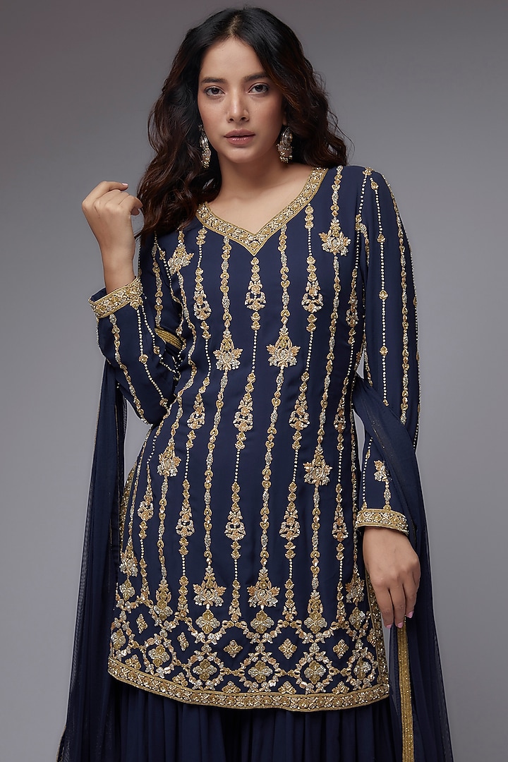 Blue Georgette Bridal Sharara Set by Malasa at Pernia's Pop Up Shop