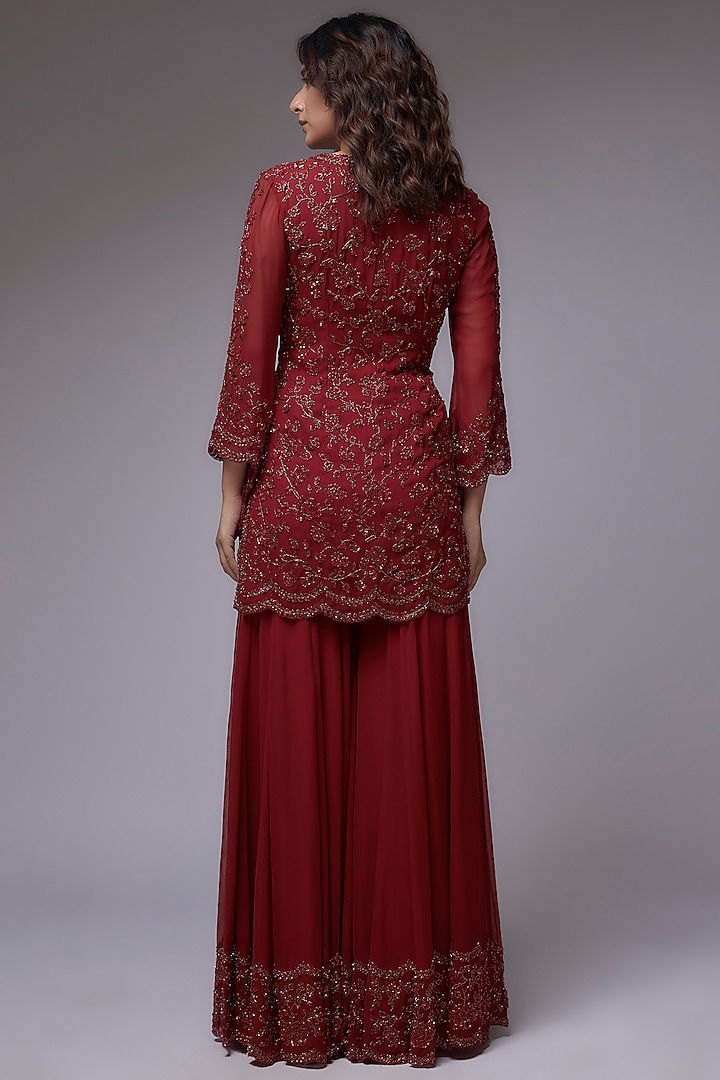 Red Georgette Bridal Sharara Set by Malasa at Pernia's Pop Up Shop