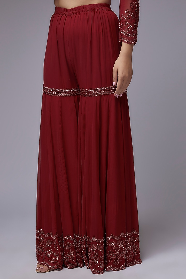 Red Georgette Bridal Sharara Set by Malasa at Pernia's Pop Up Shop