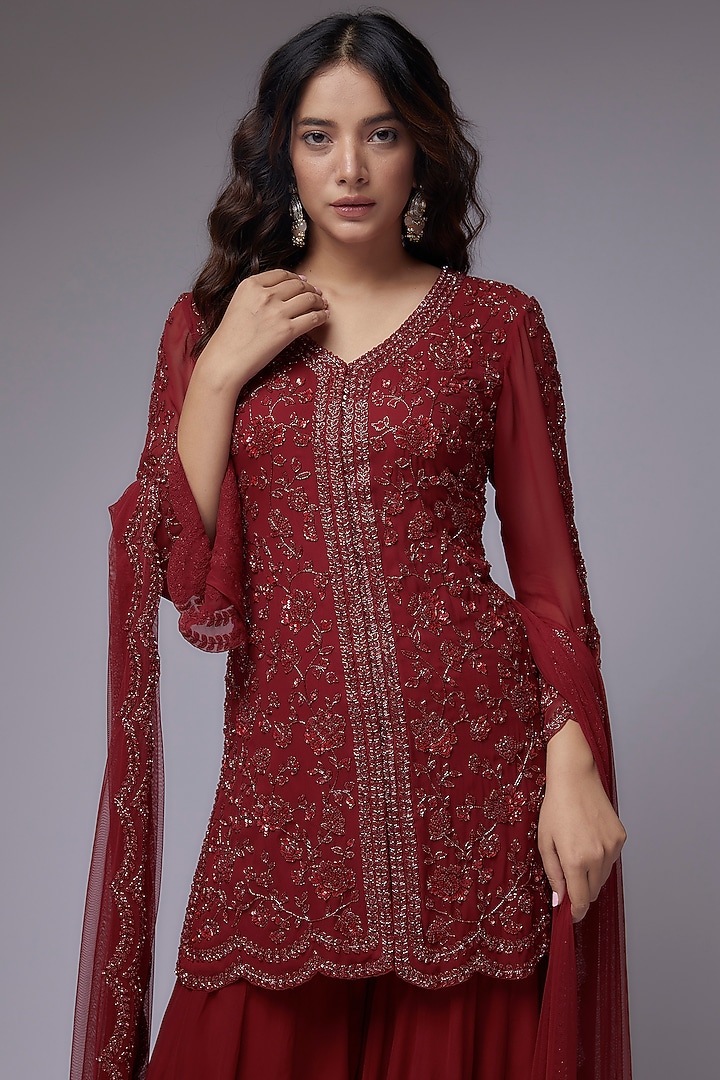 Red Georgette Bridal Sharara Set by Malasa at Pernia's Pop Up Shop