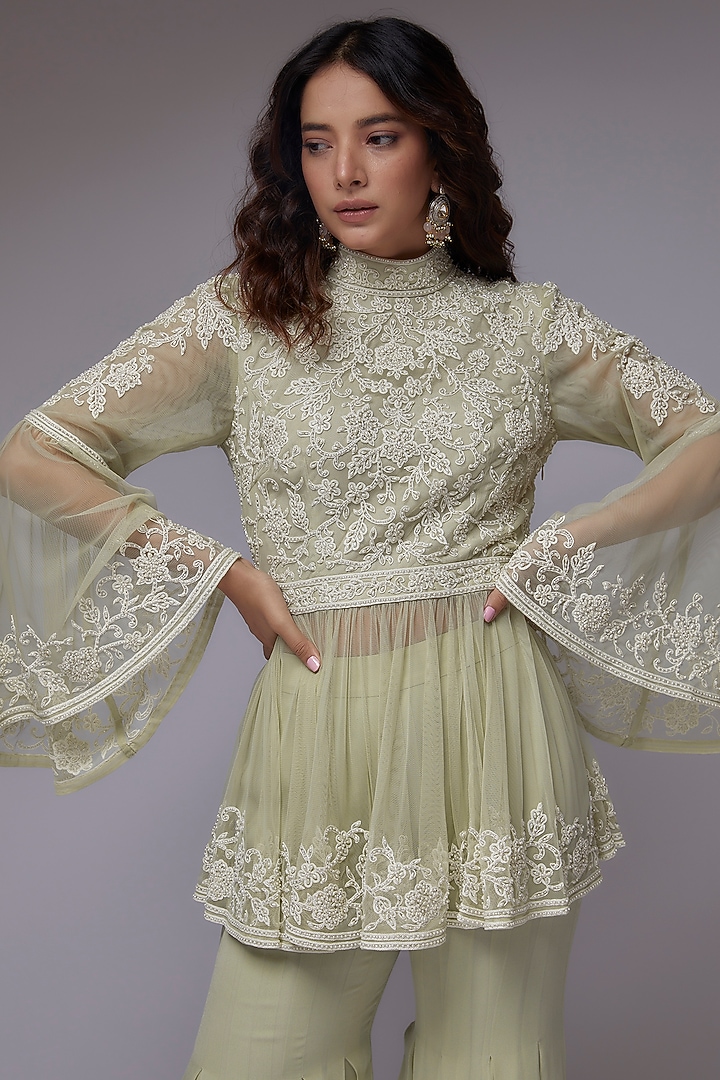 Seafoam Georgette Gharara Set by Malasa at Pernia's Pop Up Shop