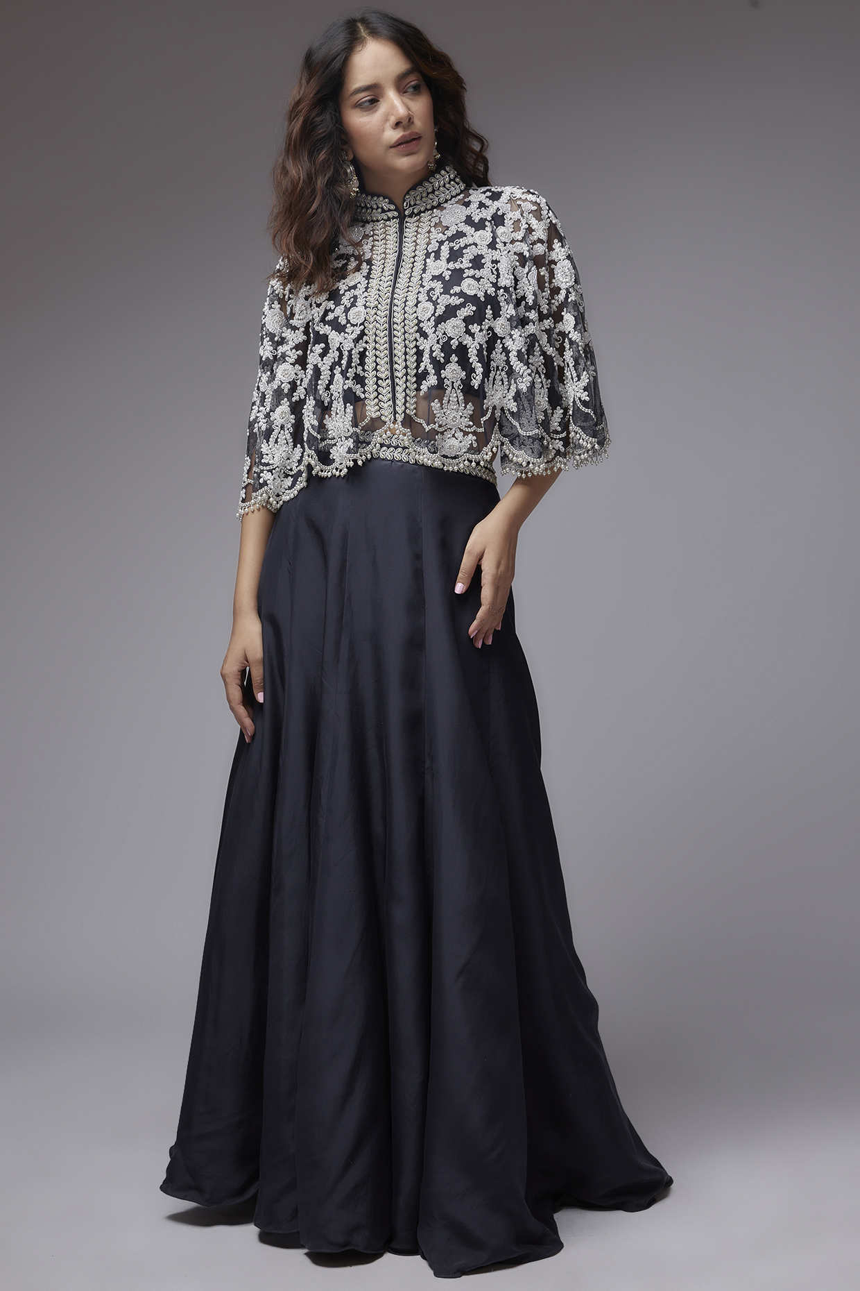 Blue Net Thread Embroidered Cape Set by Malasa at Pernia's Pop Up Shop