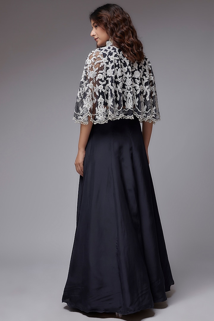 Blue Net Thread Embroidered Cape Set by Malasa at Pernia's Pop Up Shop