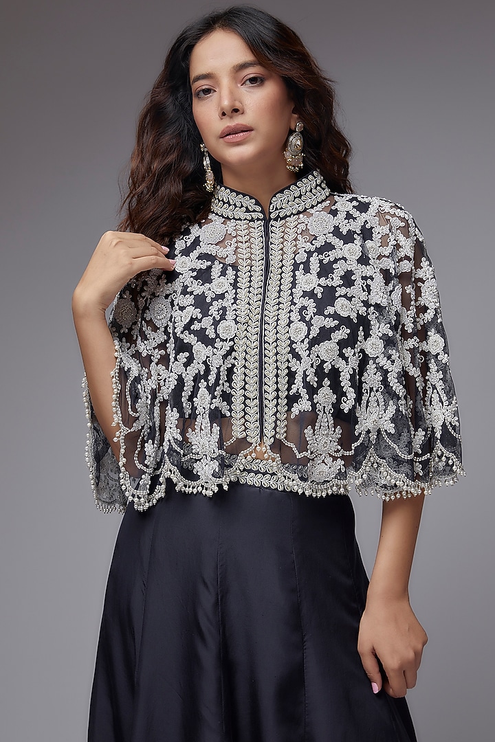 Blue Net Thread Embroidered Cape Set by Malasa at Pernia's Pop Up Shop