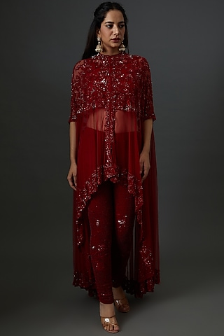 Maroon Net Cape Set by Malasa