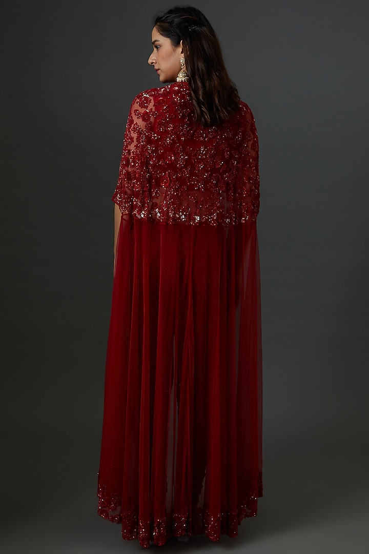 Maroon Net Cape Set by Malasa at Pernia's Pop Up Shop