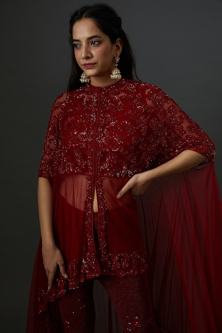 Maroon Net Cape Set by Malasa at Pernia's Pop Up Shop