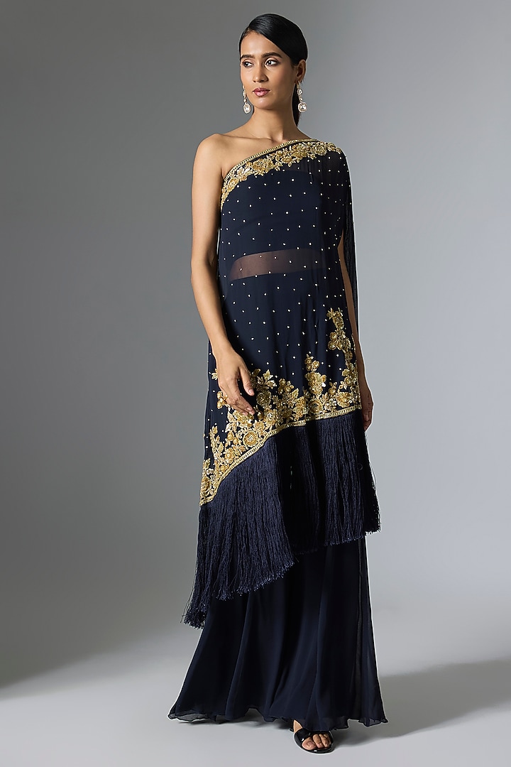 Blue Georgette Cutdana Work Cape Set by Malasa at Pernia's Pop Up Shop