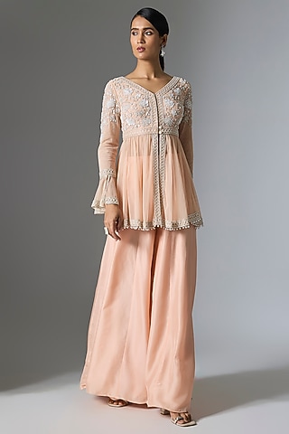 Pink Satin Silk Sharara Set by Malasa