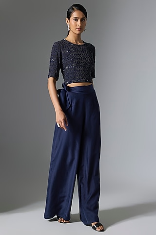 Blue Satin Silk Pant Set by Malasa