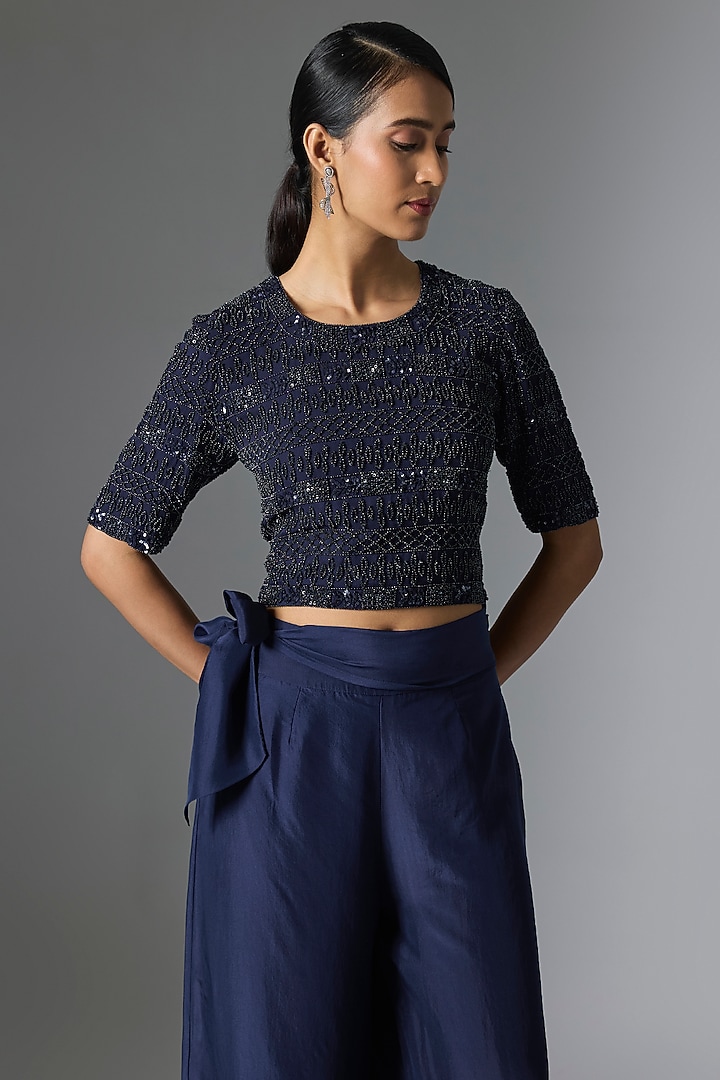 Blue Satin Silk Pant Set by Malasa at Pernia's Pop Up Shop