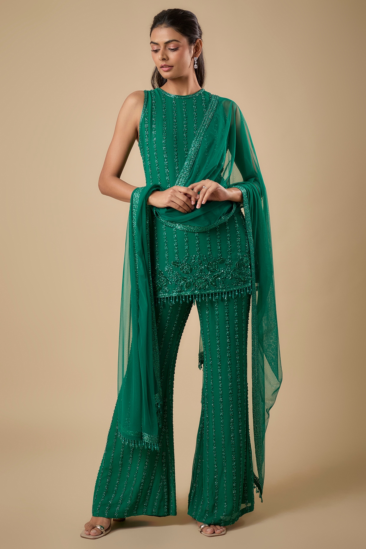 Malasa Emerald Green Georgette Cutdana Embroidered Kurta Set
