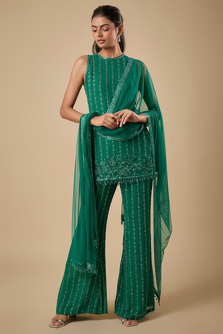 Emerald Green Georgette Cutdana Embroidered Kurta Set by Malasa at Pernia's Pop Up Shop