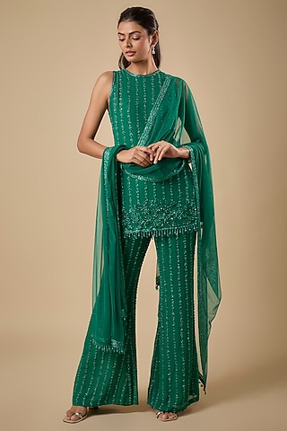 Emerald Green Georgette Cutdana Embroidered Kurta Set by Malasa