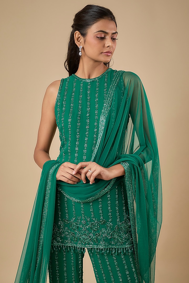 Emerald Green Georgette Cutdana Embroidered Kurta Set by Malasa at Pernia's Pop Up Shop
