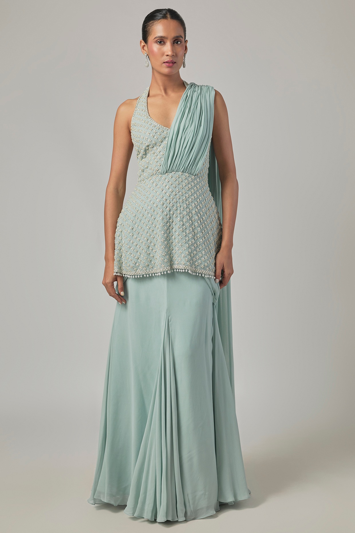 Malasa Ice Blue Georgette Embroidered Saree Set