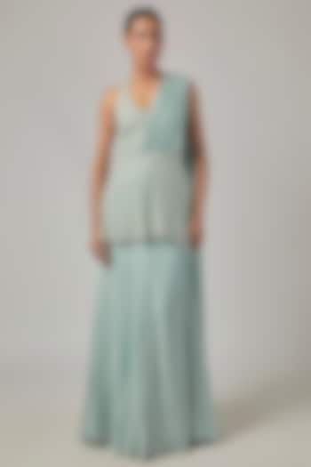 Ice Blue Georgette Embroidered Reception Saree Set by Malasa at Pernia's Pop Up Shop