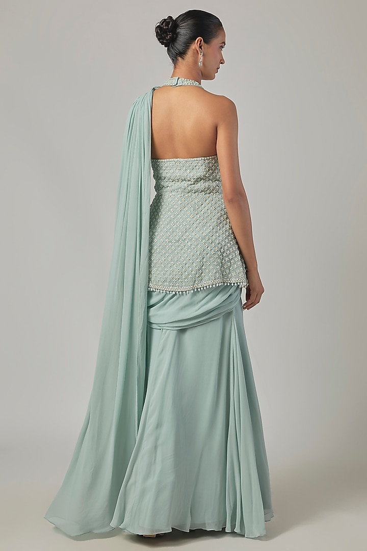 Ice Blue Georgette Embroidered Reception Saree Set by Malasa at Pernia's Pop Up Shop