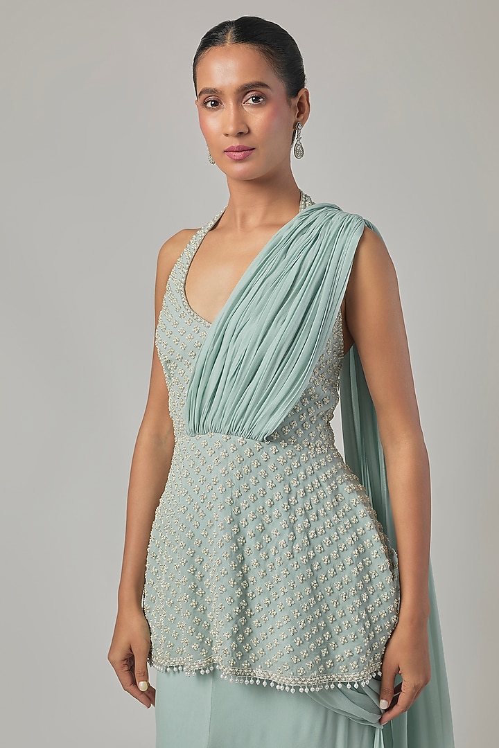 Ice Blue Georgette Embroidered Reception Saree Set by Malasa at Pernia's Pop Up Shop