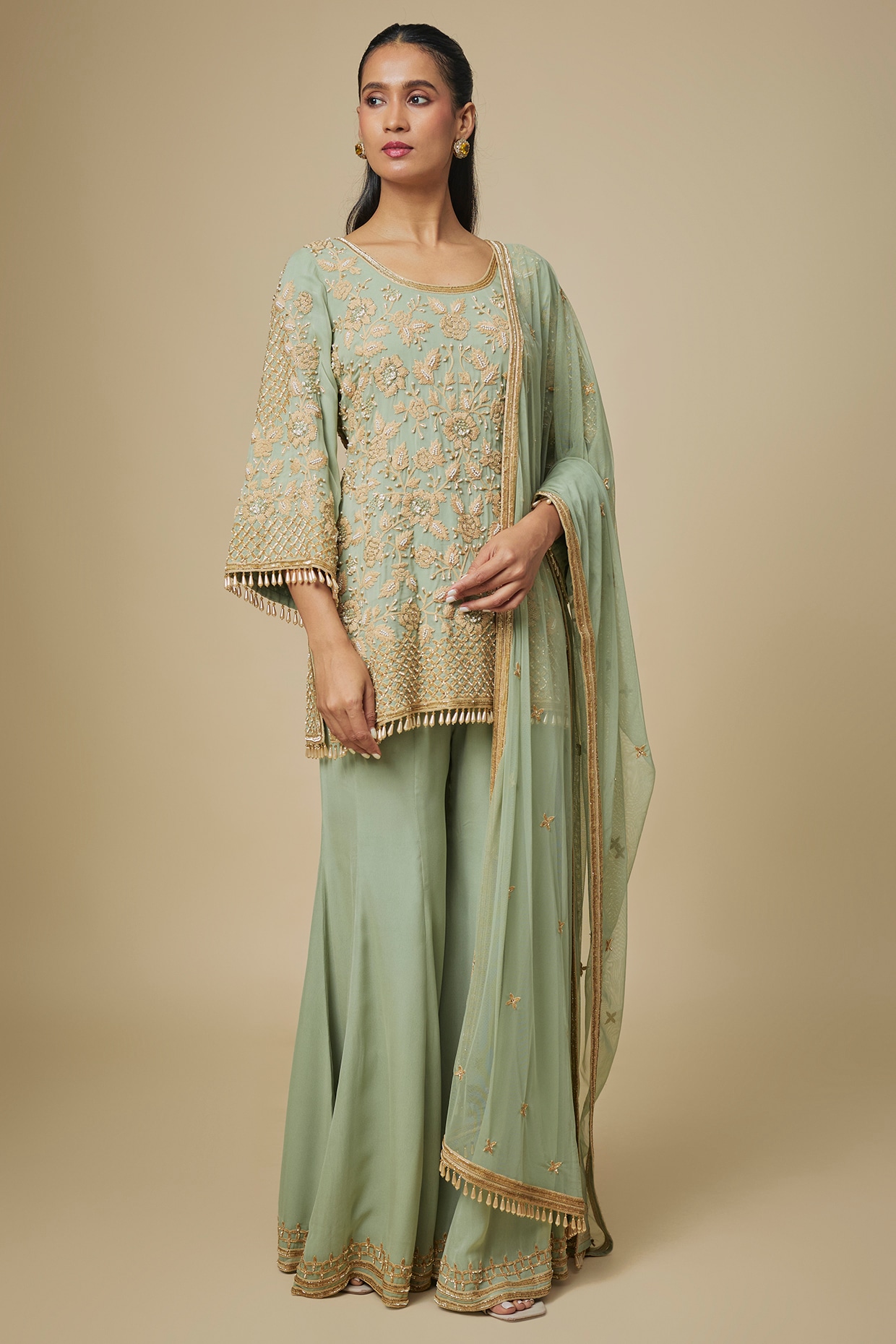 Malasa Sage Green Georgette Embellished Sharara Set
