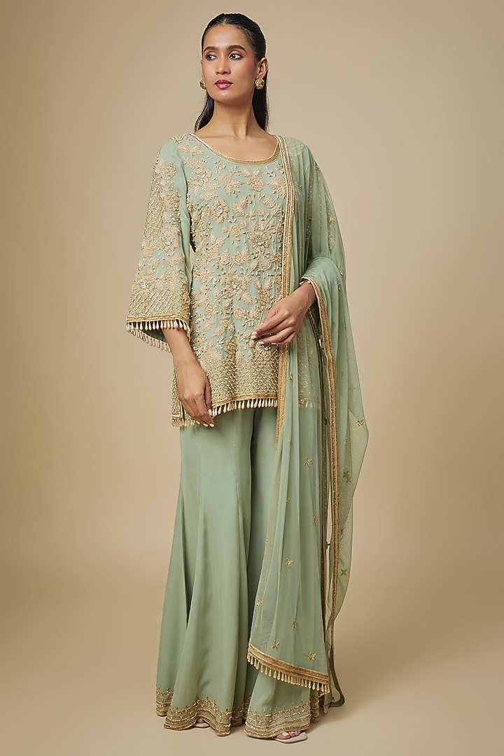 Sage Green Georgette Embellished Bridal Sharara Set by Malasa at Pernia's Pop Up Shop
