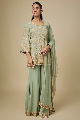 Sage Green Georgette Embellished Sharara Set by Malasa