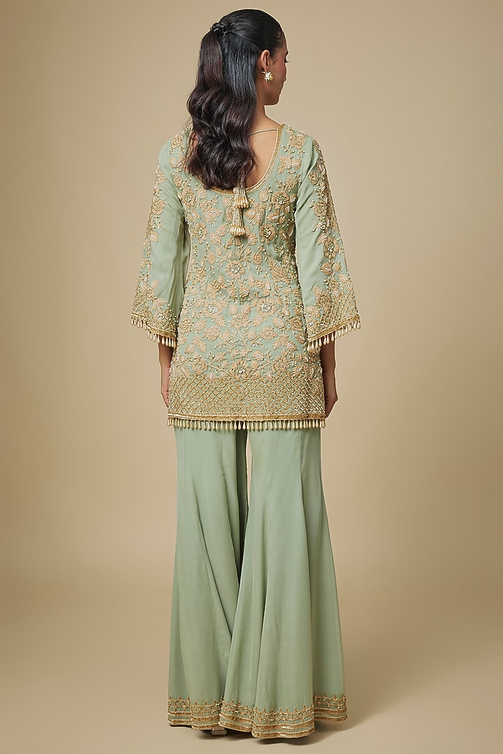 Sage Green Georgette Embellished Bridal Sharara Set by Malasa at Pernia's Pop Up Shop