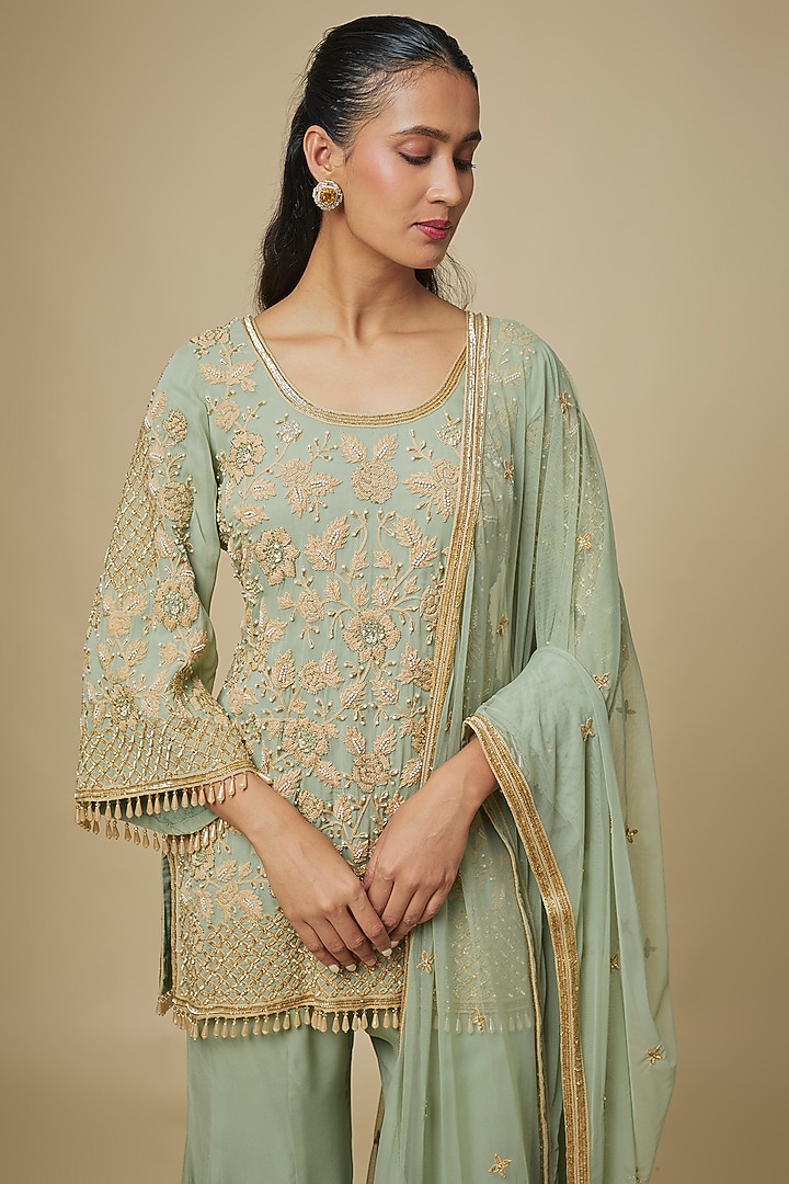 Sage Green Georgette Embellished Bridal Sharara Set by Malasa at Pernia's Pop Up Shop