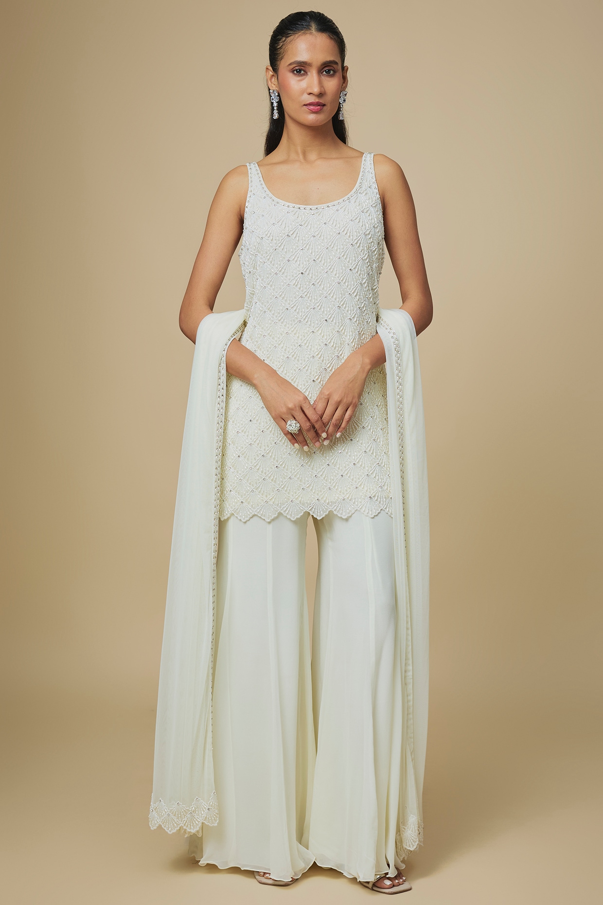 Malasa Ivory Georgette Embellished Sharara Set