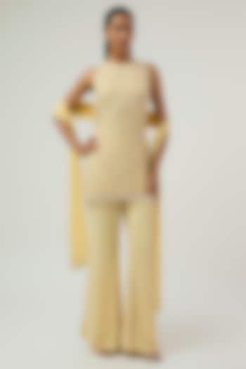 Yellow Georgette Pearl Work Short Kurta Set by Malasa at Pernia's Pop Up Shop