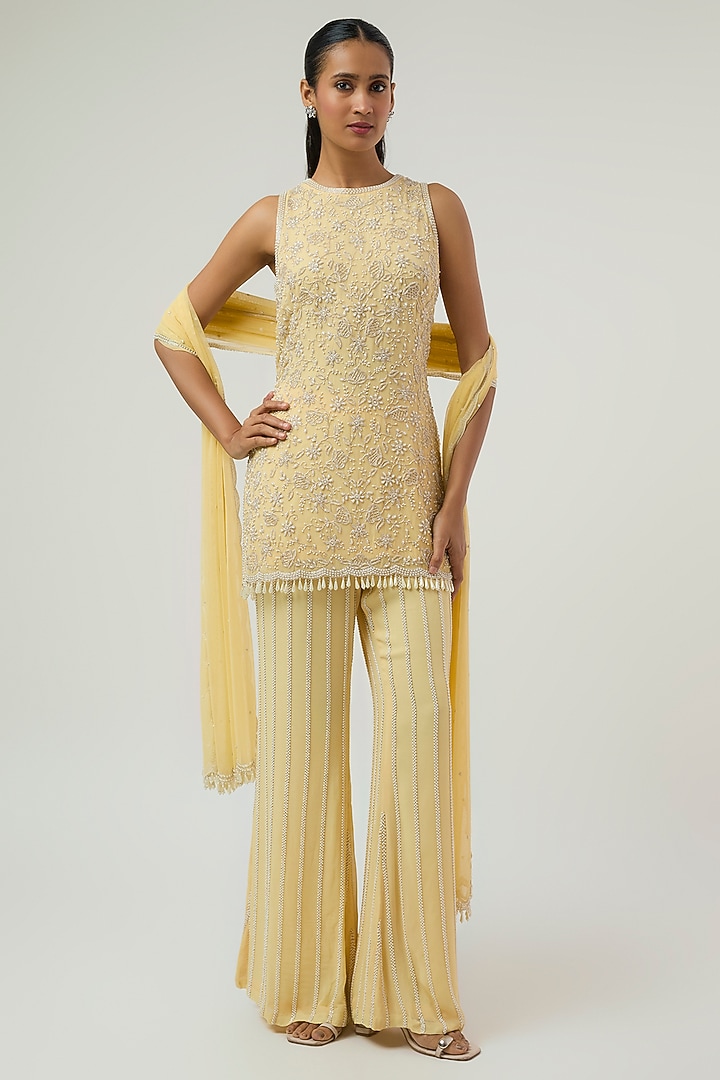 Yellow Georgette Pearl Work Short Kurta Set by Malasa at Pernia's Pop Up Shop