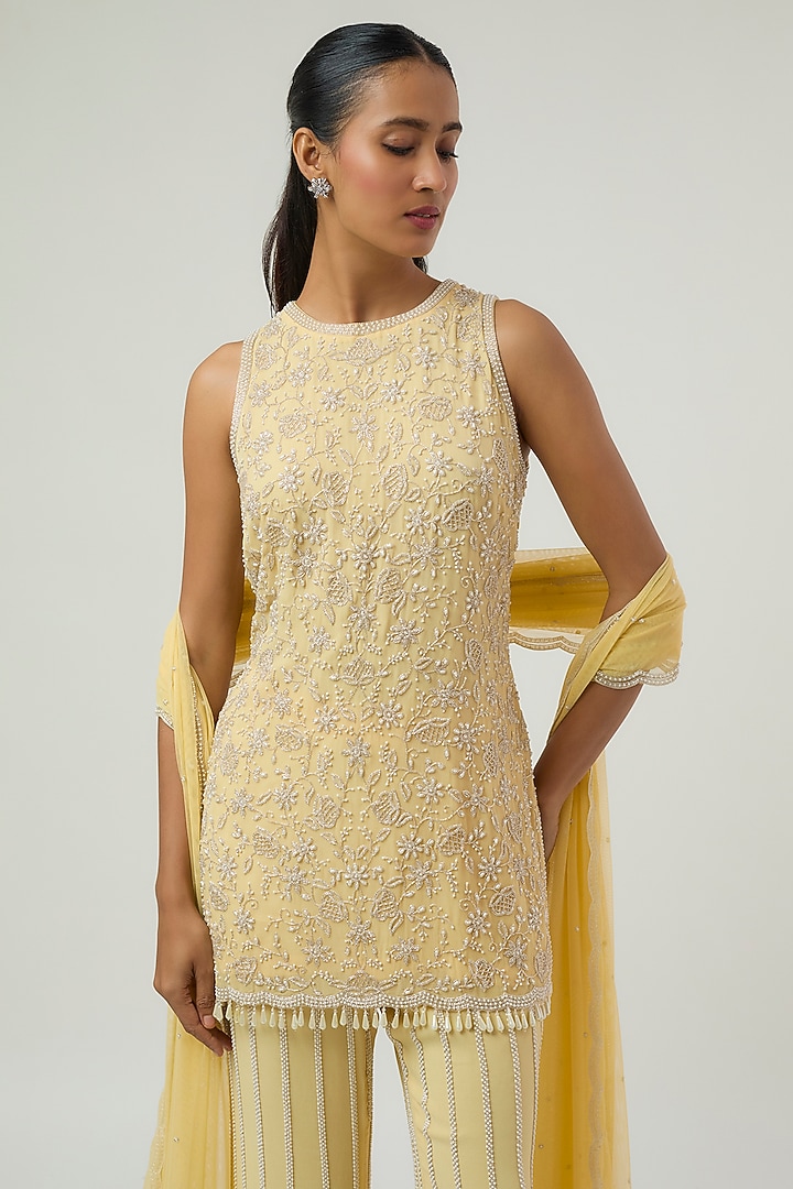 Yellow Georgette Pearl Work Short Kurta Set by Malasa at Pernia's Pop Up Shop