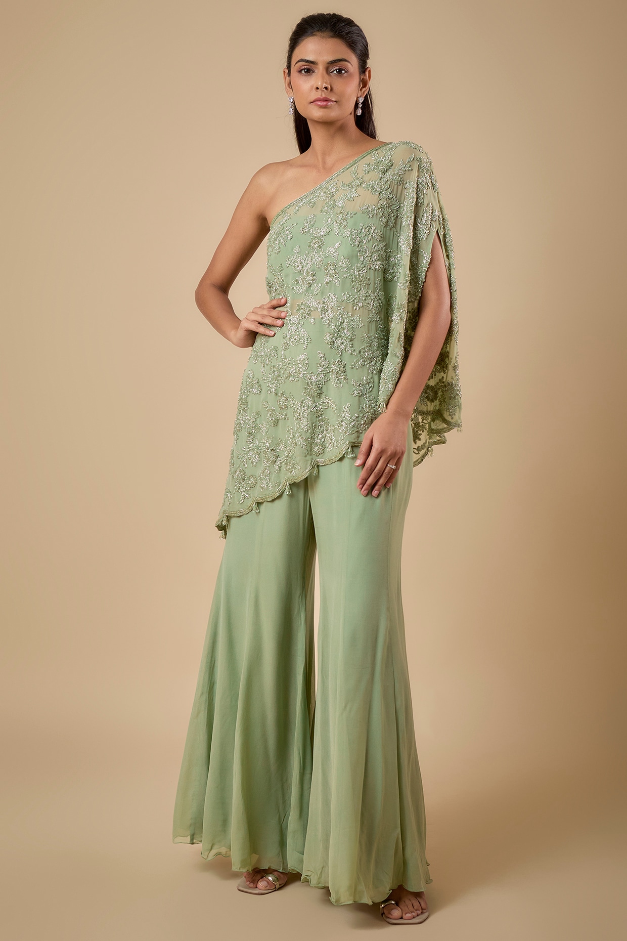 Malasa Green Georgette Cutdana Embroidered Cape Set