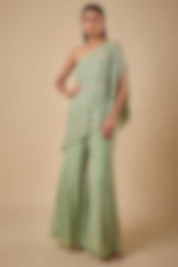 Green Georgette Cutdana Embroidered Cape Set by Malasa at Pernia's Pop Up Shop