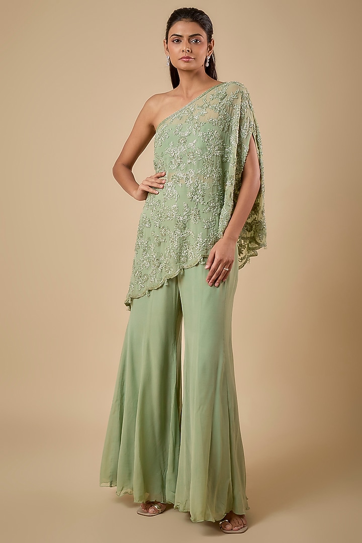Green Georgette Cutdana Embroidered Cape Set by Malasa at Pernia's Pop Up Shop