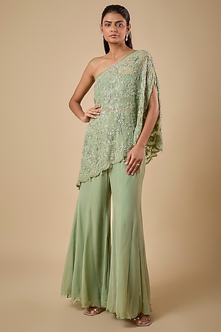 Green Georgette Cutdana Embroidered Cape Set by Malasa