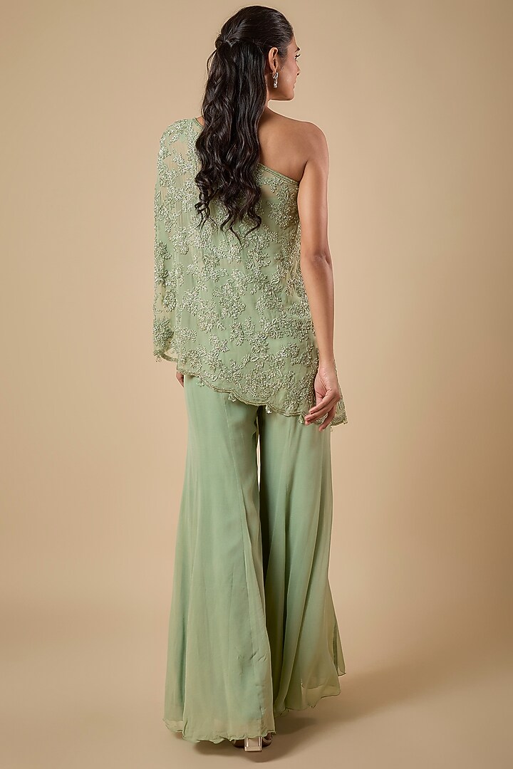 Green Georgette Cutdana Embroidered Cape Set by Malasa at Pernia's Pop Up Shop