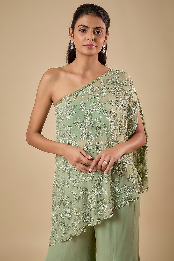 Green Georgette Cutdana Embroidered Cape Set by Malasa at Pernia's Pop Up Shop