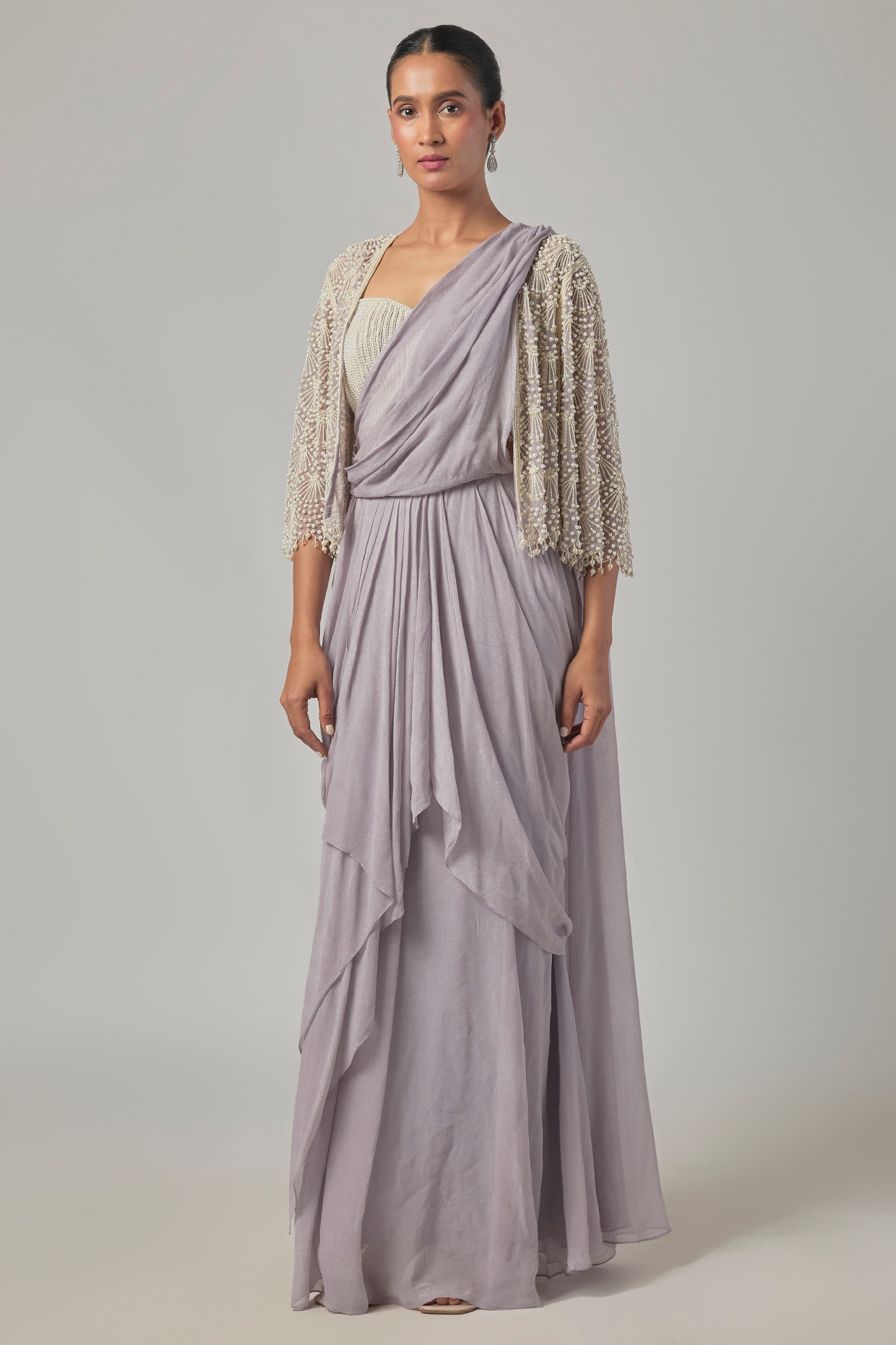 Malasa Lilac Georgette Jacket Saree Set