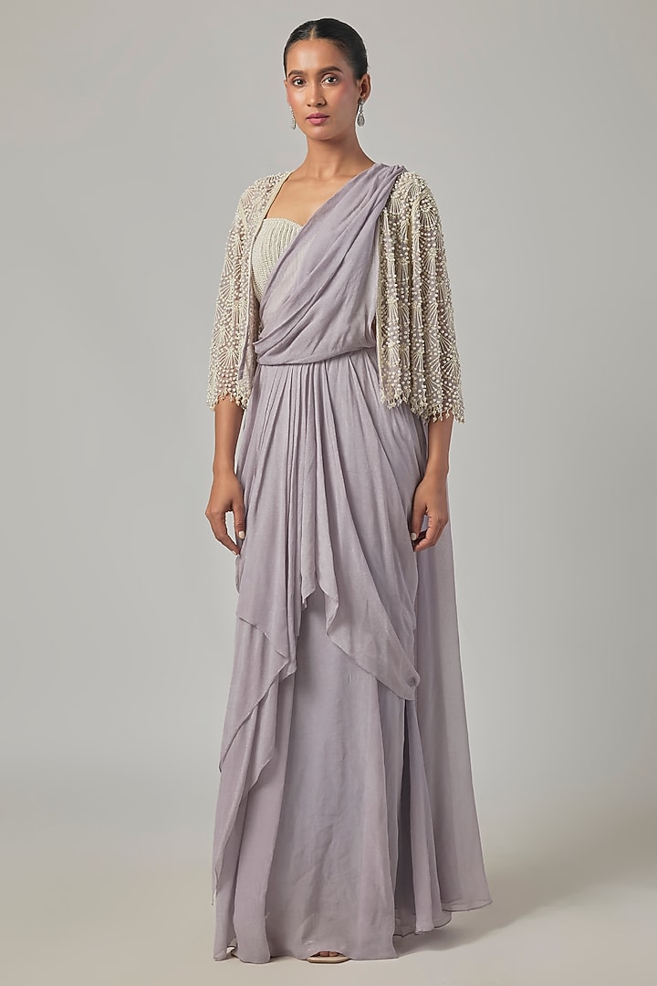 Lilac Georgette Jacket Reception Saree Set by Malasa at Pernia's Pop Up Shop
