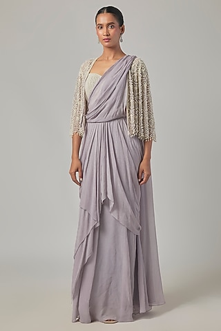 Lilac Georgette Jacket Saree Set by Malasa